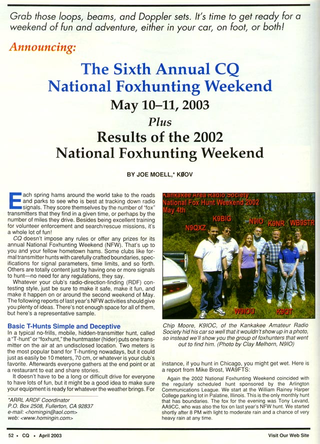 April 2003 CQ Amateur Radio Magazine article featured KARS Fox Hunters