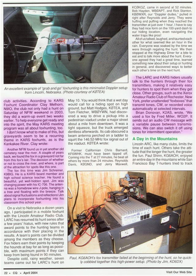 April 2004 CQ Amateur Radio Magazine article featured KARS Fox Hunting