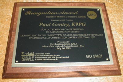 Plaque presented to Paul Gentry, K9PG